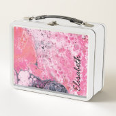 Abstrakte Kunst mit Acrylfarbe gießen | rosa Metall Brotdose (Vorderseite)