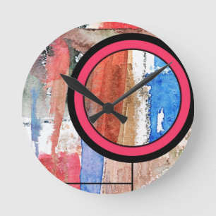abstrakte Kunstcollage, Mischmedien und Watercolor Runde Wanduhr