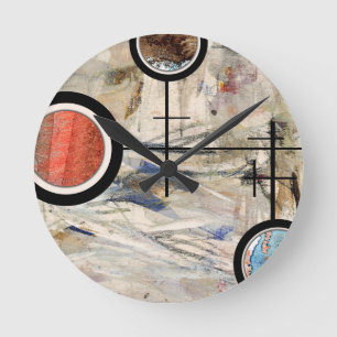 abstrakte Kunstcollage, Mixed Media und Aquarell 3 Runde Wanduhr