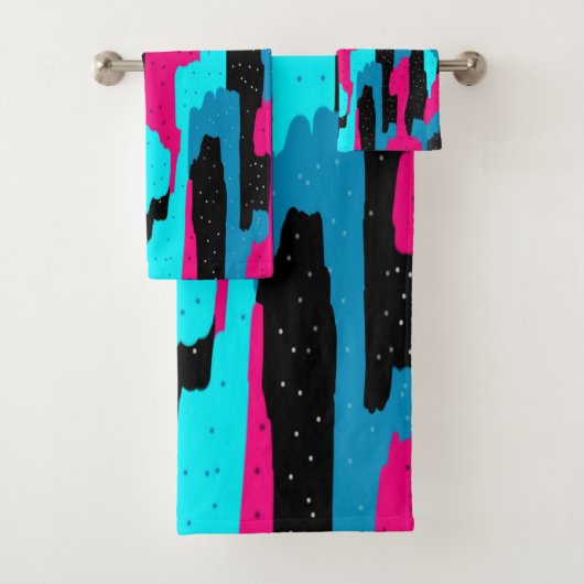 Abstrakte Kunstdrucke in Rosa, Schwarz und Blau Badhandtuch Set (Insitu)