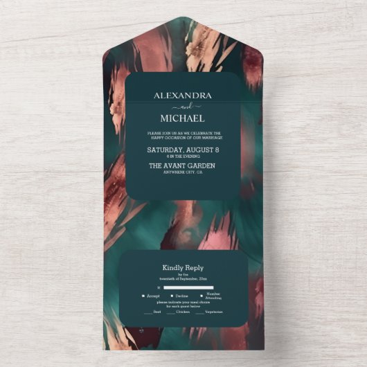 Abstrakte Kupfer dunkelgrün staubige rosa Hochzeit All In One Einladung (Innen Boden)