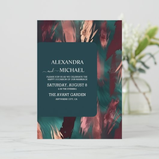 Abstrakte Kupfer dunkelgrün staubige rosa Hochzeit Einladung (Stehend Vorderseite)