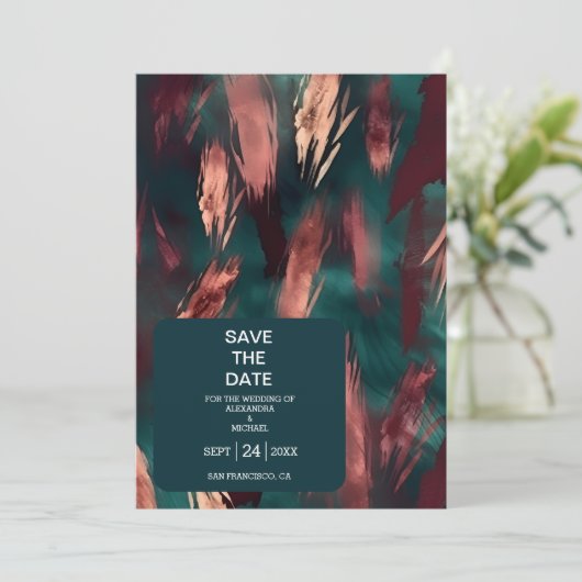 Abstrakte Kupfer dunkelgrün staubige rosa Hochzeit Save The Date (Stehend Vorderseite)