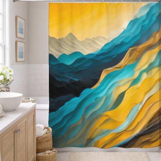 Abstrakte Landschaft in Blaugelb-braun Duschvorhang