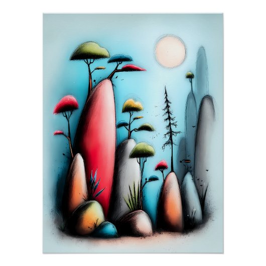 Abstrakte Landschaft mit Bäumen und Mond Poster (Vorderseite)