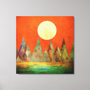 Abstrakte Landschaft Vollmond Berge Orange Sky Leinwanddruck
