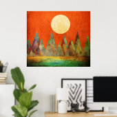 Abstrakte Landschaft Vollmond Berge Orange Sky Poster (Heimbüro)