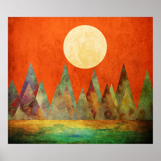 Abstrakte Landschaft Vollmond Berge Orange Sky Poster (Vorne)