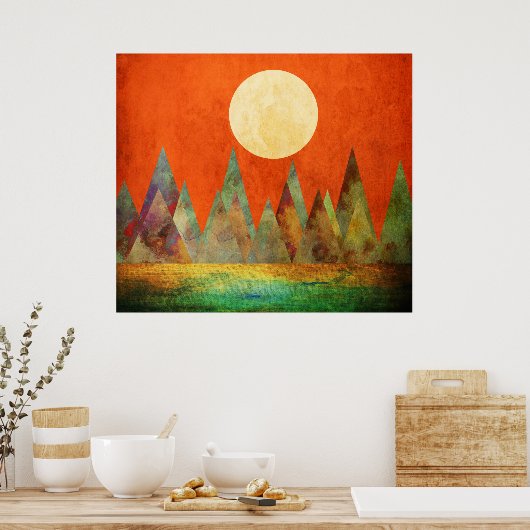 Abstrakte Landschaft Vollmond Berge Orange Sky Poster (Küche)