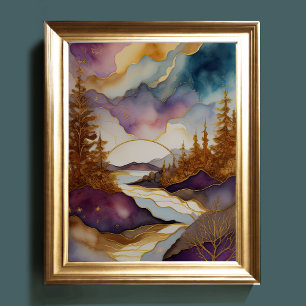 Abstrakte Landschaftsmalerei Gold Blau Violett Poster