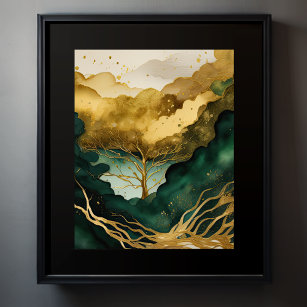 Abstrakte Landschaftsmalerei Gold Green Poster