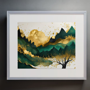 Abstrakte Landschaftsmalerei Gold Green Poster