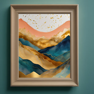 Abstrakte Landschaftsmalerei Gold Peach Blue II Poster