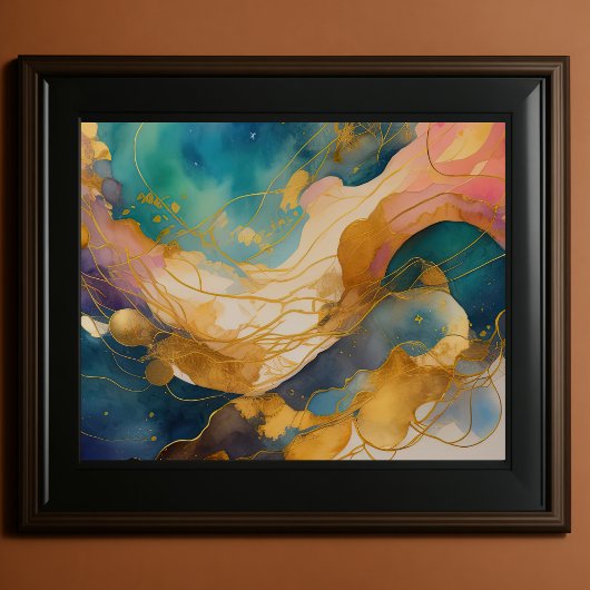 Abstrakte Landschaftsmalerei Gold Pfirsichblau Poster