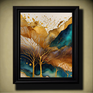 Abstrakte Landschaftsmalerei Gold Rost Blau Poster
