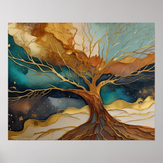 Abstrakte Landschaftsmalerei Gold Rost Blauer Baum Poster (Vorne)