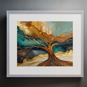 Abstrakte Landschaftsmalerei Gold Rost Blauer Baum Poster