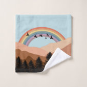 Abstrakte Landschaftswälder Bäume Regenbogen & Vög Badhandtuch Set (Waschlappen)