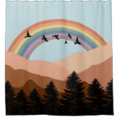 Abstrakte Landschaftswälder Bäume Regenbogen & Vög Duschvorhang (Vorderseite)