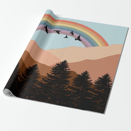 Abstrakte Landschaftswälder Bäume Regenbogen & Vög Geschenkpapier (Ungerollt)