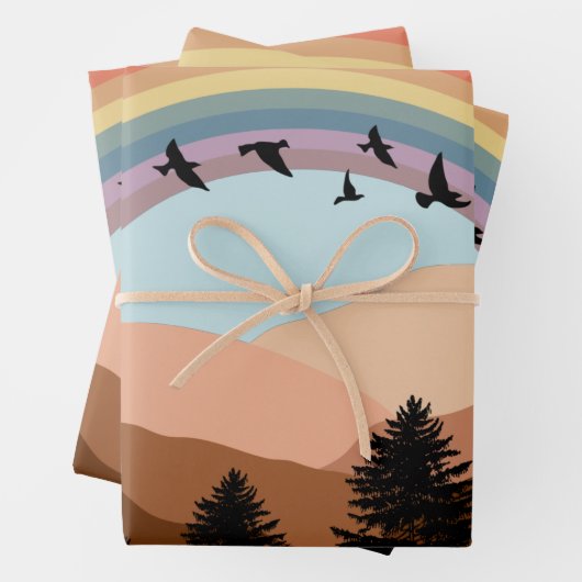 Abstrakte Landschaftswälder Bäume Regenbogen & Vög Geschenkpapier Set (Beispiel)