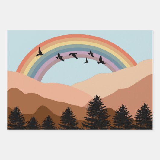 Abstrakte Landschaftswälder Bäume Regenbogen & Vög Geschenkpapier Set (Vorderseite)