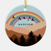 Abstrakte Landschaftswälder Bäume Regenbogen & Vög Keramik Ornament (Vorne)