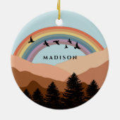 Abstrakte Landschaftswälder Bäume Regenbogen & Vög Keramik Ornament (Hinten)