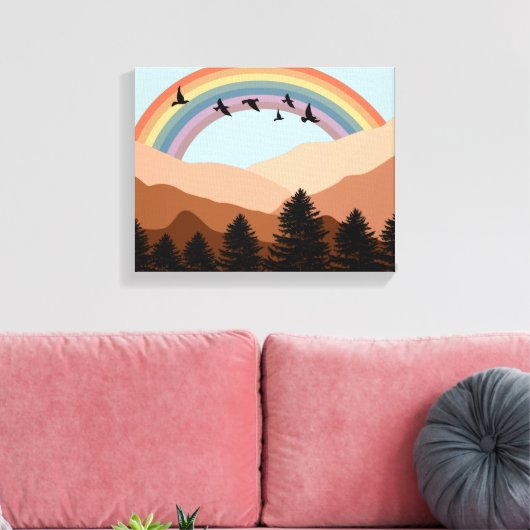 Abstrakte Landschaftswälder Bäume Regenbogen & Vög Leinwanddruck (Insitu (Wohnzimmer))