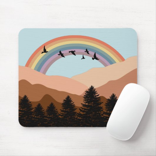 Abstrakte Landschaftswälder Bäume Regenbogen & Vög Mousepad (Mit Mouse)