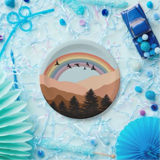 Abstrakte Landschaftswälder Bäume Regenbogen & Vög Pappteller (Party)