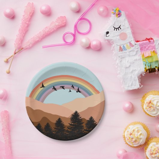 Abstrakte Landschaftswälder Bäume Regenbogen & Vög Pappteller (Party)