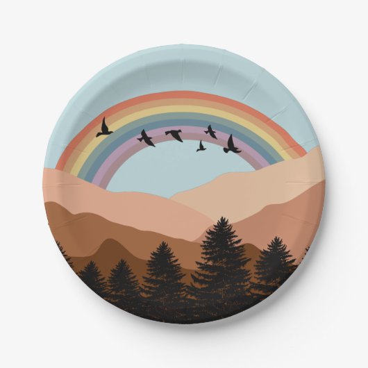 Abstrakte Landschaftswälder Bäume Regenbogen & Vög Pappteller (Vorderseite)