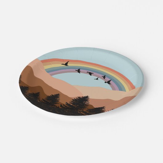 Abstrakte Landschaftswälder Bäume Regenbogen & Vög Pappteller (Schrägansicht)