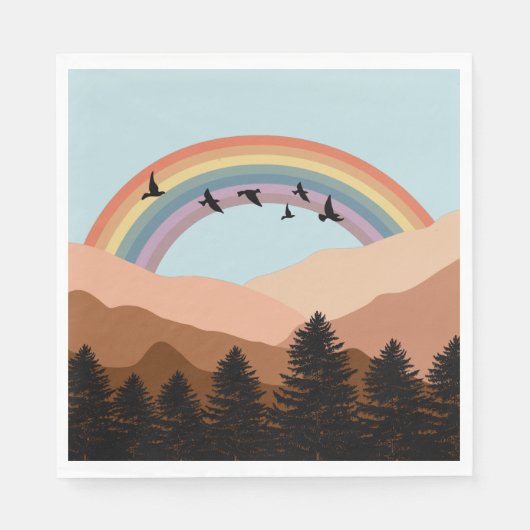 Abstrakte Landschaftswälder Bäume Regenbogen & Vög Serviette (Vorderseite)