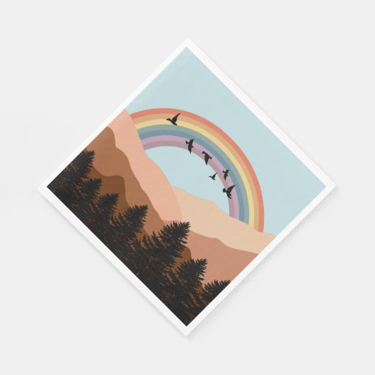 Abstrakte Landschaftswälder Bäume Regenbogen & Vög Serviette (Ecke)