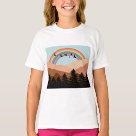 Abstrakte Landschaftswälder Bäume Regenbogen & Vög T-Shirt