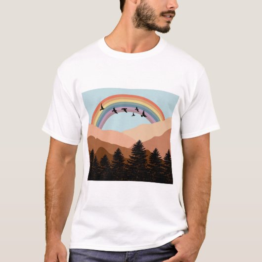 Abstrakte Landschaftswälder Bäume Regenbogen & Vög T-Shirt (Vorderseite)