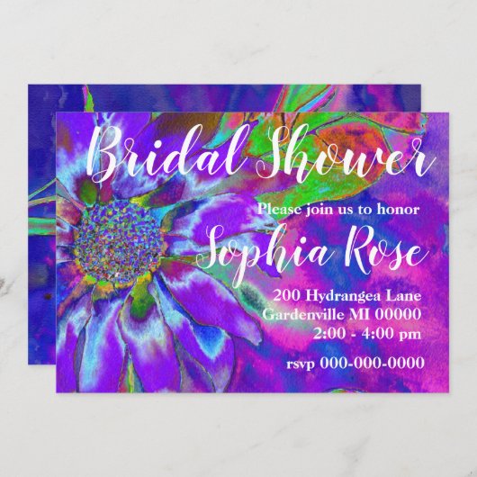 Abstrakte lila blühende Sonnenblume Retro funky Einladung (Vorne/Hinten)