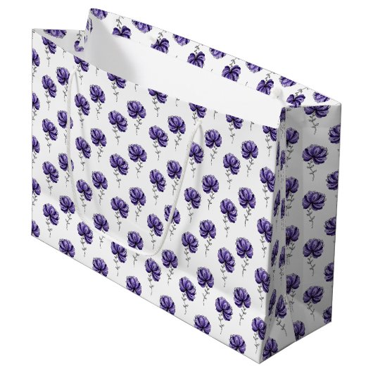 Abstrakte lila Blumen-Doodle-Kunst Große Geschenktüte (Vorderseite Schrägansicht)