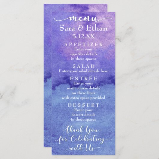 Abstrakte Lila Hochzeitkarte Menükarte (Vorne/Hinten)