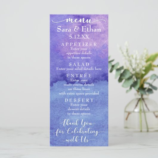 Abstrakte Lila Hochzeitkarte Menükarte (Stehend Vorderseite)