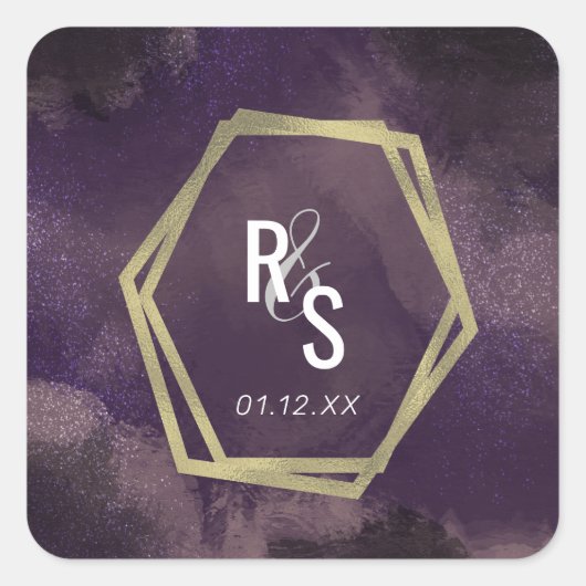 Abstrakte Lila Imitate Gold Splash Wedding Suite Quadratischer Aufkleber (Vorderseite)