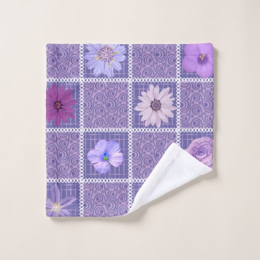 Abstrakte Lila Patchwork-Blumenquadrate Badhandtuch Set (Waschlappen)