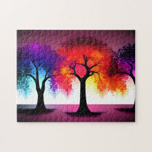 Abstrakte Lila Rot-Gelb-Schwarze Silhouette Bäume Puzzle