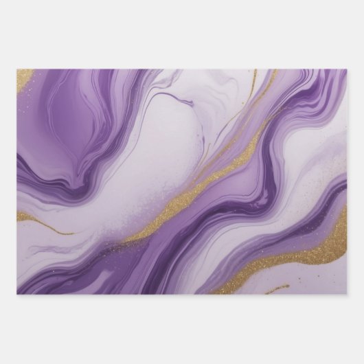 Abstrakte Lila und Imitats Gold Glitzer Marmor Geschenkpapier Set (Vorderseite)