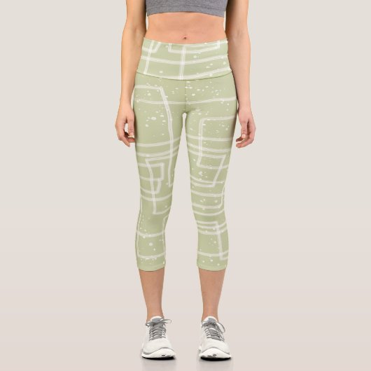 abstrakte Line Art blassgrün und weiß Capri Leggings (Vorderseite)