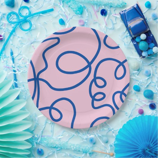 Abstrakte Linie Art Retro Rosa und Blau Pappteller (Party)