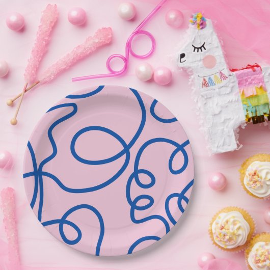 Abstrakte Linie Art Retro Rosa und Blau Pappteller (Party)