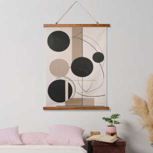 Abstrakte Linie und Circle Moderne Kunst in Beige Wandteppich Mit Holzrahmen